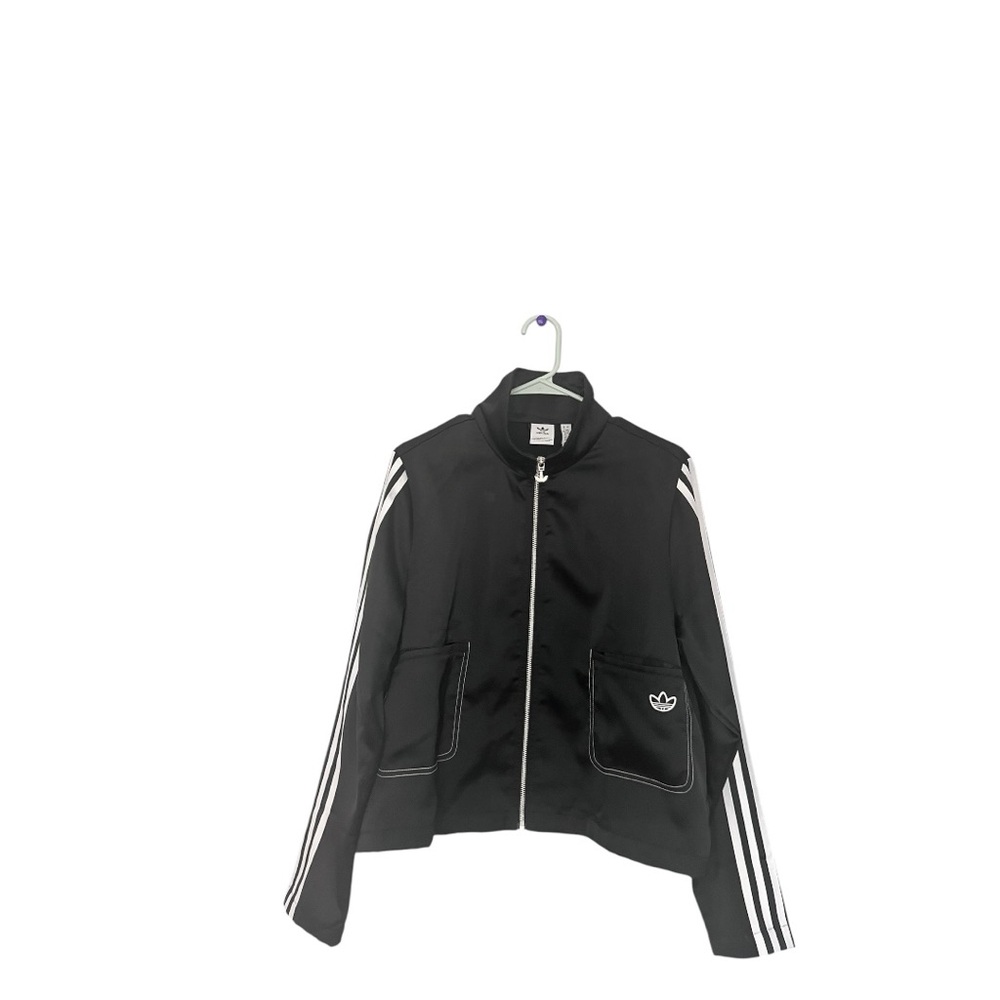 adidas Originals womens RARE Black Satin jacket sz L - Picture 2 of 6